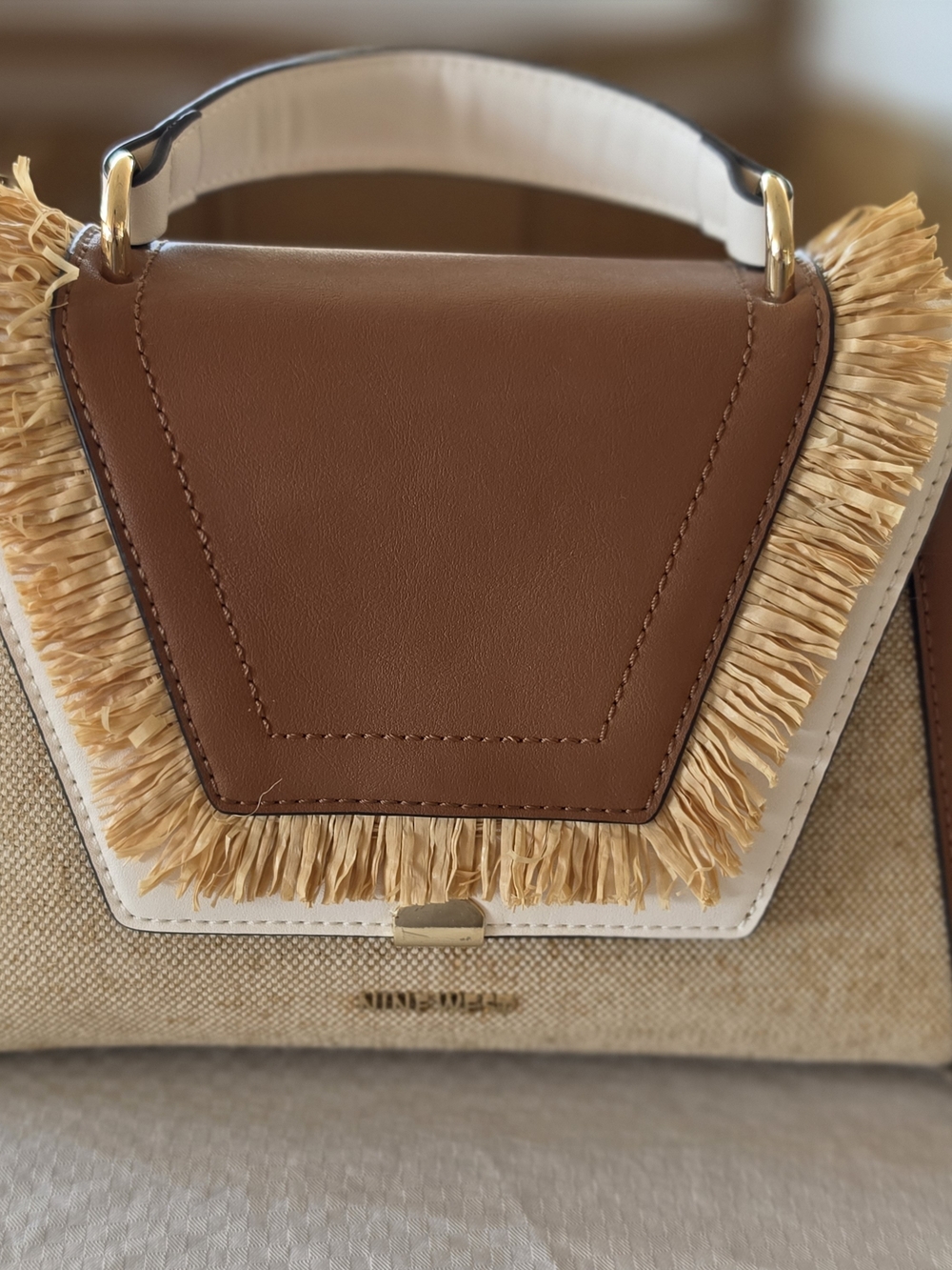 Nine West Brown and Beige Raffia-Trim Top Handle Bag